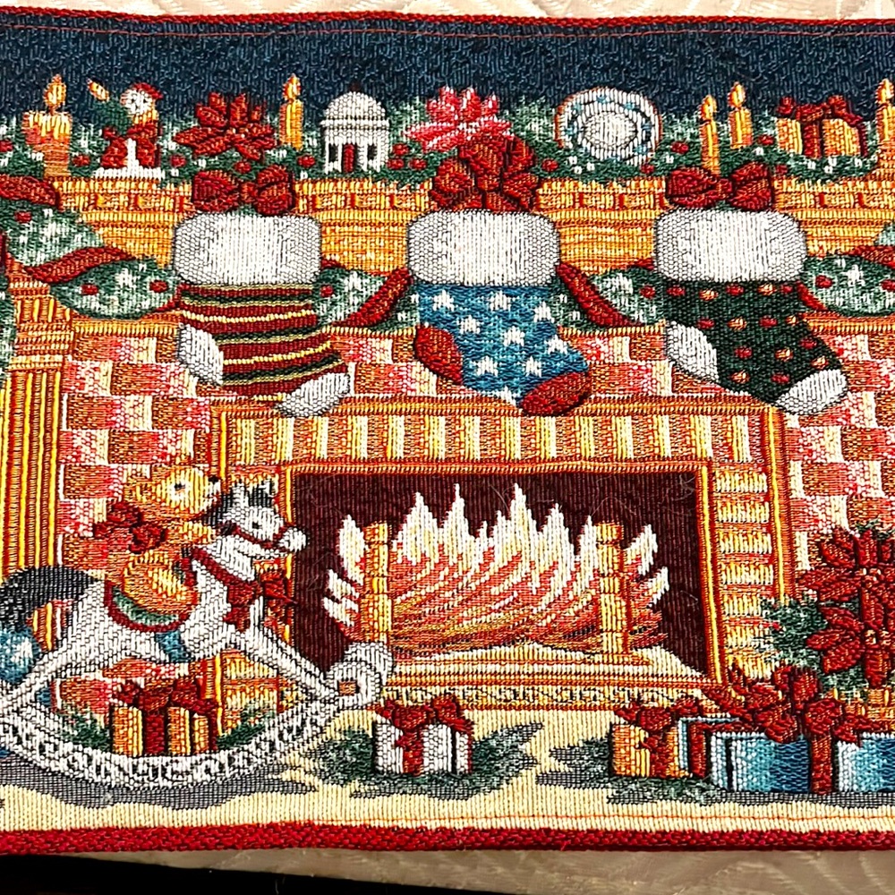 Holiday Table Runner Fireplace with Stockings Rockinghorse  70” Long 12” wide